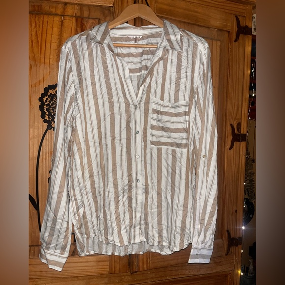 ESQUALO Tan/Gold/White Stripe Blouse-Silk blend Pocket- Buttonup Sleeve-EUC Sz12 - Picture 4 of 11